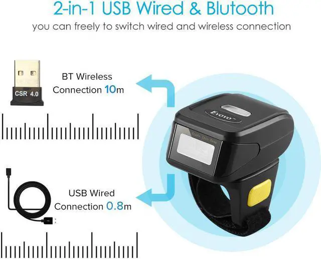 Alt view image 5 of 7 - Eyoyo 1D Wireless Ring Barcode Scanner, Compatible with Bluetooth Function & 2.4GHz Wireless & Wired Connection, Portable Wearable Mini Finger Bar Code Reader Work with Windows, Mac OS, Android 4.0+