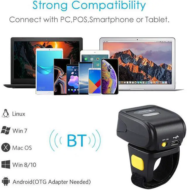 Alt view image 2 of 7 - Eyoyo 1D Wireless Ring Barcode Scanner, Compatible with Bluetooth Function & 2.4GHz Wireless & Wired Connection, Portable Wearable Mini Finger Bar Code Reader Work with Windows, Mac OS, Android 4.0+