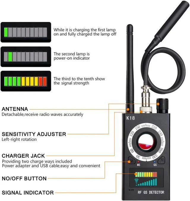 Alt view image 3 of 7 - CORN K18 Anti Spy Detector, RF Detector & Camera Finder, Bug Detector, Upgraded RF Signal Detector,  GSM Tracking Device for Wireless Audio Bug Hidden Camera Detector