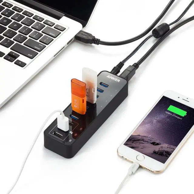 Alt view image 5 of 5 - 10 Port 60W Data Hub with 7 USB 3.0 Ports and 3 PowerIQ Charging Ports for Macbook, Mac Pro/mini, iMac, XPS, Surface Pro, iPhone 7, 6s Plus, iPad Air 2, Galaxy Series, Mobile HDD, and More