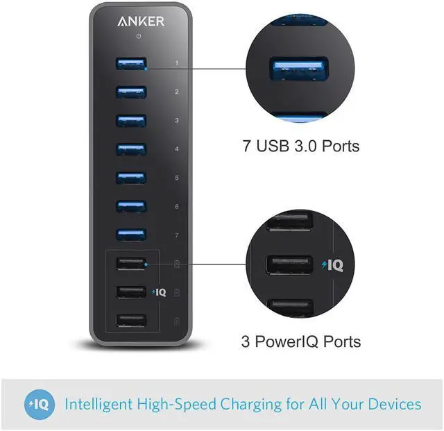 Alt view image 3 of 5 - 10 Port 60W Data Hub with 7 USB 3.0 Ports and 3 PowerIQ Charging Ports for Macbook, Mac Pro/mini, iMac, XPS, Surface Pro, iPhone 7, 6s Plus, iPad Air 2, Galaxy Series, Mobile HDD, and More