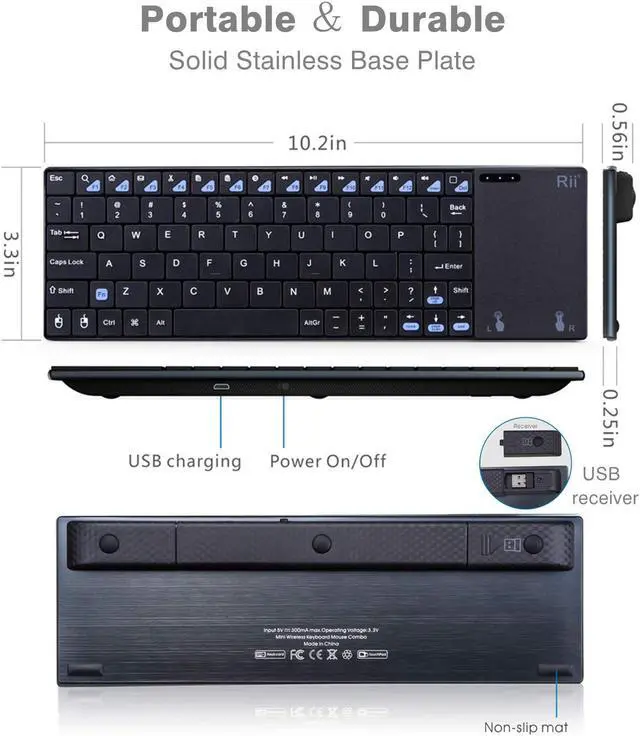 Alt view image 7 of 7 - Rii K12+ Mini Wireless Keyboard with Large Touchpad Mouse&Qwerty Keypad, Stainless Steel Portable Wireless Keyboard with USB Receiver for MacBook/iPad/Tablet/PC/Laptop/Smart TV/Raspberry Pi - Black