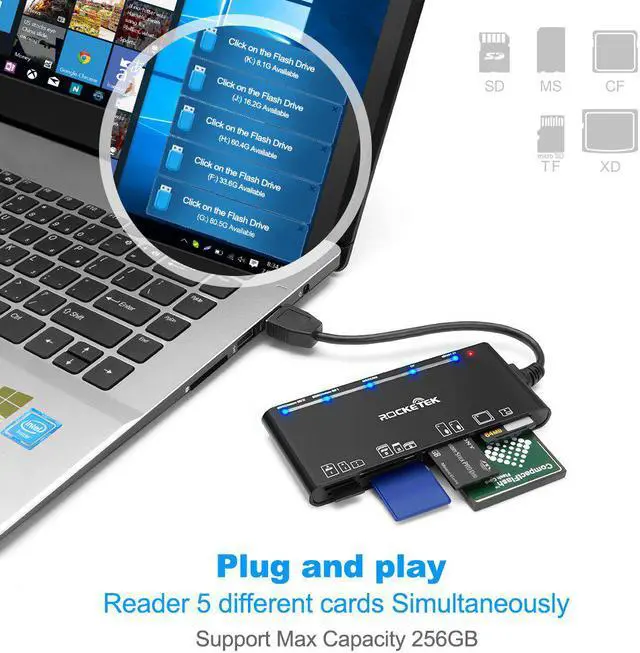 Alt view image 6 of 6 - CORN USB 3.0 Memory Card Reader/Writer for CF Card, xD Card, SD Card, Micro SD Card, MS Card, with a 13cm USB Cable design - 5 cards read simultaneously