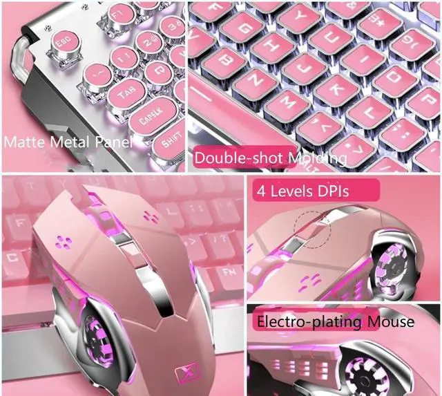 Alt view image 7 of 7 - Technology X10 N-key Rollover  Pink Ergonomic Design,White Backlit  Wired Blue Mechanical Gaming Keyboard And 2400DPI Programmable Mouse Combo For Office And Game- Electroplating Square KeycapsVersion