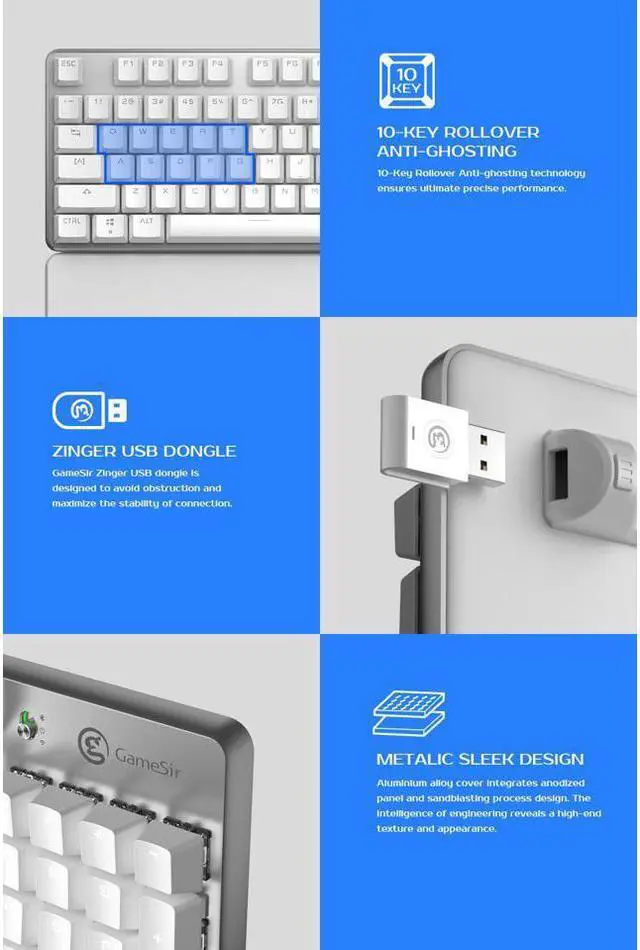 Alt view image 2 of 7 - GameSir GK300 Wireless Bluetooth/2.4G Mechanical Gaming Keyboard TTC Red Switch- White