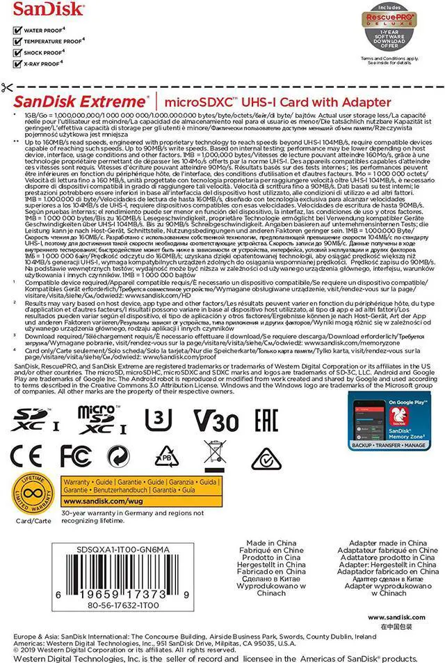 Alt view image 5 of 6 - SanDisk 1TB Extreme microSDXC UHS-I Memory Card with Adapter - C10, U3, V30, 4K, A2, Micro SD - SDSQXA1-1T00-GN6MA