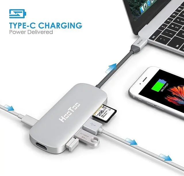 Alt view image 4 of 6 - HooToo USB C Hub, 6-In-1 USB C Adapter with 4K USB C to HDMI, 3 USB 3.0 Ports, SD Card Reader, Pd Charging Port for MacBook/Pro/Air (2018),Chromebook,And More USB C devices