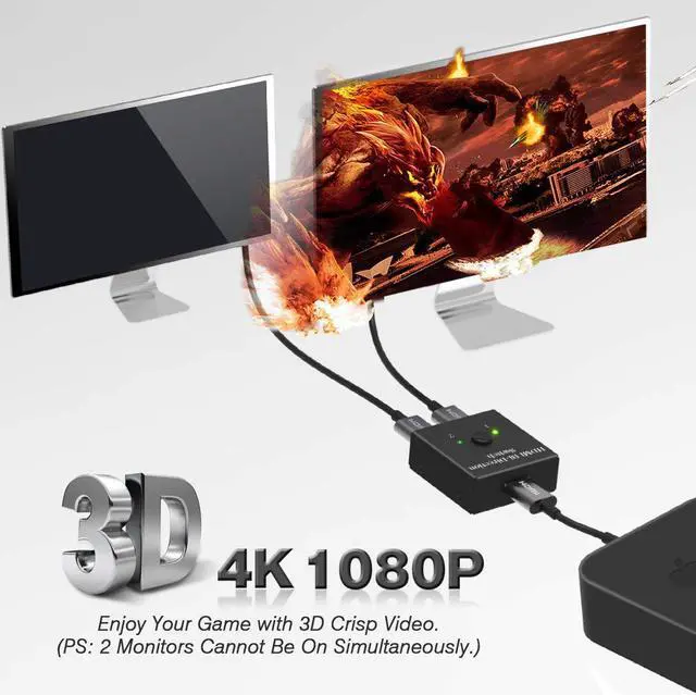 Alt view image 4 of 7 - CORN HDMI Bi-Direction Switch,HDMI Splitter 4K, 2 x 1 or 1 x 2 HDMI Switch Bidirectional HDMI switcher for HDTV, Blu-Ray, DVD, Satellite, DVR, Playstation, Xbox and More (Black) - Supports 3D