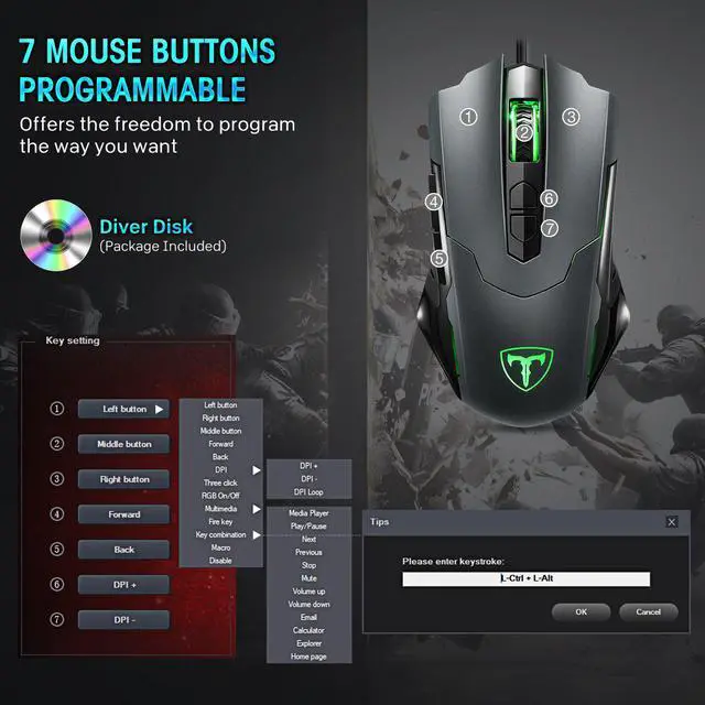Alt view image 4 of 6 - PICTEK Gaming Mouse Wired [7200 DPI] [Programmable] [Breathing Light] Ergonomic Game USB Computer Mice RGB Gamer Desktop Laptop PC Gaming Mouse, 7 Buttons for Windows 7/8/10/XP Vista Linux, Grey