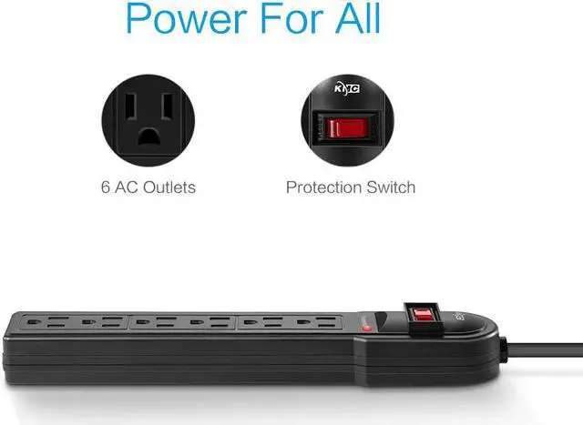 Alt view image 2 of 7 - KMC 6-Outlet Surge Protector Power Strip 2-Pack, 900 Joule, 4-Foot Cord, Overload Protection, Black