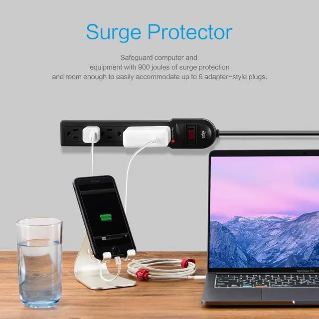 Alt view image 7 of 7 - KMC 6-Outlet Surge Protector Power Strip 2-Pack, 900 Joule, 4-Foot Cord, Overload Protection, Black