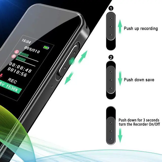 Alt view image 4 of 7 - Digital Voice Recorder, Homder 16GB Touch Screen Voice Activated Recorder for Lectures/Meetings/Class, 1536kbps Stereo HD-Audio Recording Device with Dual Microphones - Rechargeable - Black