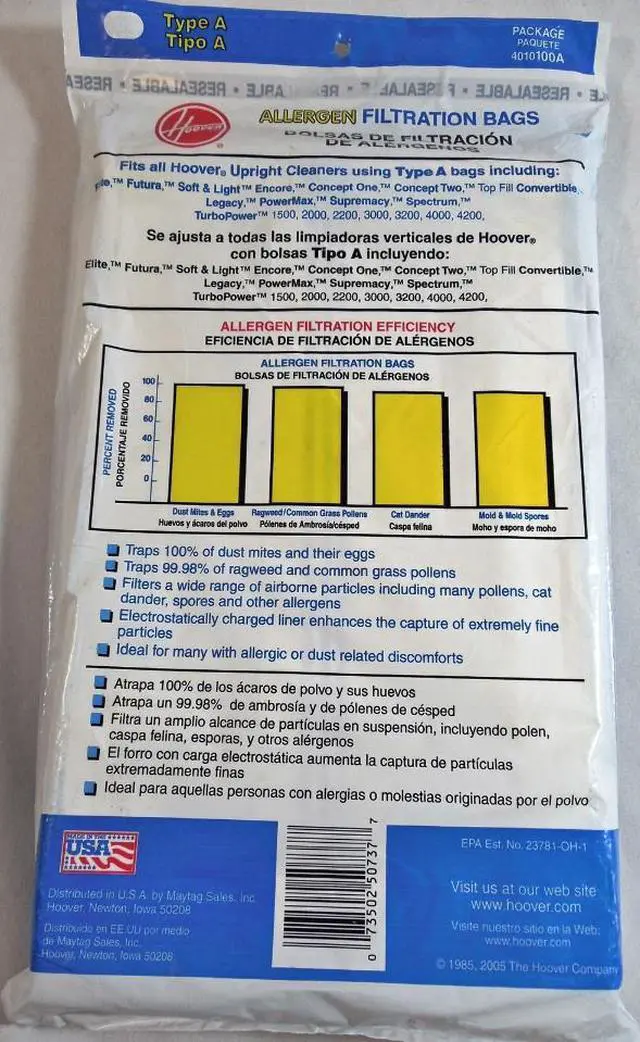 Alt view image 3 of 10 - HOOVER 4010100A 3 Pack Type A Vacuum Cleaner Bag