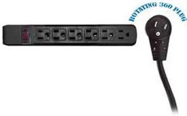 Alt view image 2 of 3 - Surge Protector Power Strip, Flat Rotating Plug, 6 Outlet Horizontal Outlets, Plastic, Power Cord 4 foot - Black