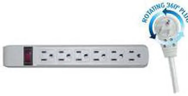 Alt view image 2 of 2 - Surge Protector, Flat Rotating Plug, 6 Outlet, Horizontal Outlets, Plastic, Power Cord 6 foot - Gray