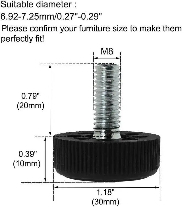 Alt view image 2 of 7 - M8 x 20 x 30mm Furniture Glide Leveling Feet Base Protector for Desk Leg 8pcs