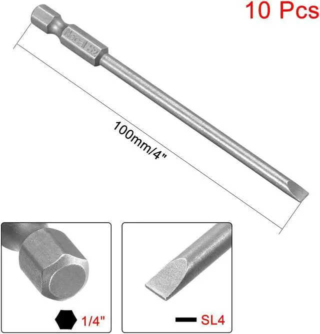 Alt view image 2 of 4 - 10Pcs 1/4" Hex Shank 100mm Length Magnetic SL4 Slot Head Screwdriver Bits S2 Alloy Steel