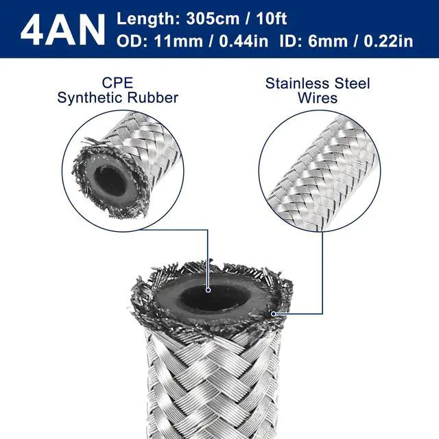 Alt view image 3 of 7 - 10 Ft 4AN Fuel Hose AN4 1/4" Universal Braided Stainless Steel CPE Oil Fuel Gas Line Hose