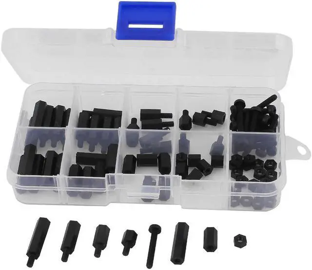 Main image of Unique Bargains 88 Pcs M3 Nylon Hex Spacers Screw Nut Stand-off Plastic Assortment Kit Black