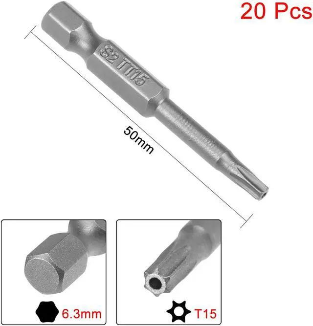Alt view image 2 of 4 - 20pcs 50mm 1/4" Hex Shank T15 Magnetic Torx Head Security Screwdriver Bits S2