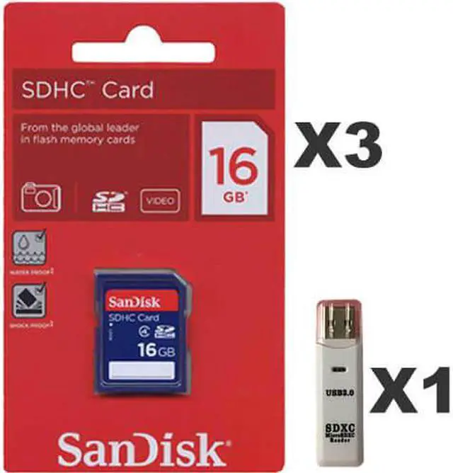 Main image of SanDisk 16GB SDHC Class 4  SDSDB-016G-B35 Memory Card Retail (3 Pack) with 1 Reader