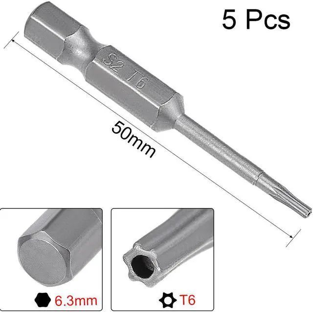 Alt view image 2 of 5 - 5 Pcs 1/4" Hex Shank T6 Magnetic Security Torx Screwdriver Bits 50mm Length