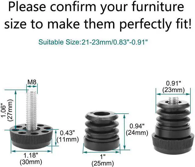 Alt view image 2 of 7 - Leveling Feet 1" 25mm OD Round Tube Insert Furniture Adjustable Leveler 2 Sets