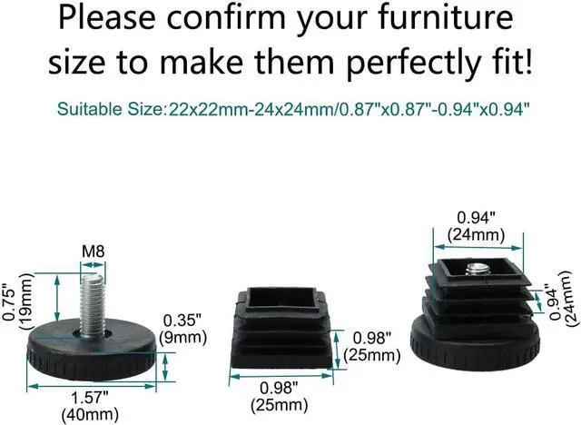 Alt view image 2 of 7 - Adjustable Leveling Feet 25 x 25mm Square Tube Inserts Furniture Glide 4 Sets