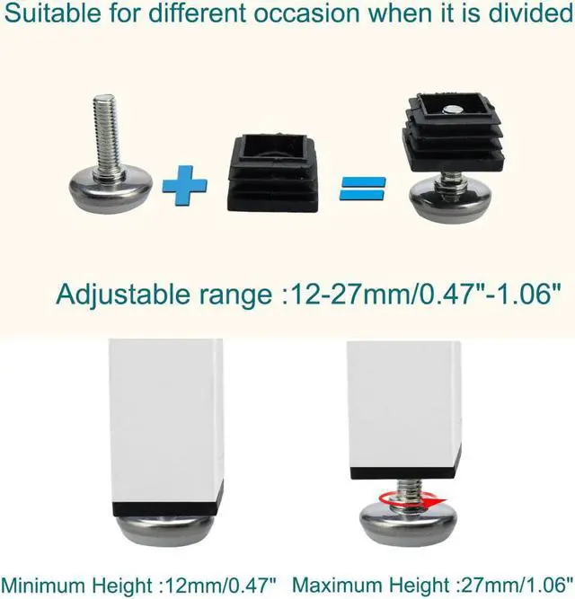 Alt view image 3 of 7 - Adjustable Leveling Feet 25 x 25mm Tube Inserts Furniture Table Glide 10 Sets
