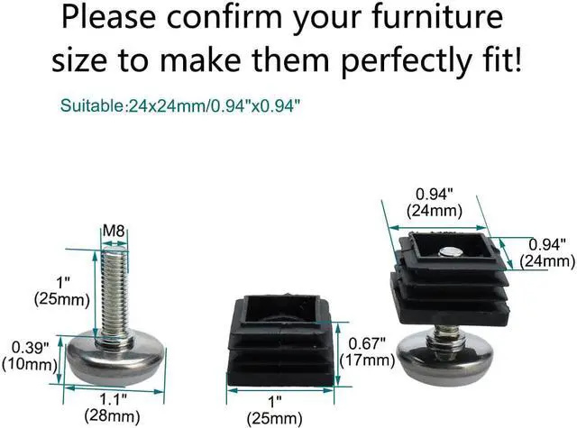 Alt view image 2 of 7 - Adjustable Leveling Feet 25 x 25mm Tube Inserts Furniture Table Glide 10 Sets