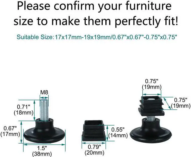 Alt view image 2 of 7 - Adjustable Feet 20 x 20mm Square Tube Inserts Furniture Glide 10 Sets Black