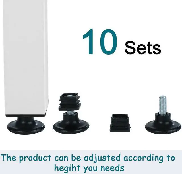 Alt view image 7 of 7 - Adjustable Feet 20 x 20mm Square Tube Inserts Furniture Glide 10 Sets Black