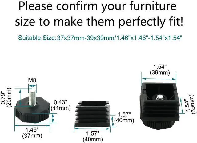 Alt view image 2 of 7 - Leveling Feet 40 x 40mm Square Tube Inserts Sofa Leg Adjustable Leveler 8 Sets
