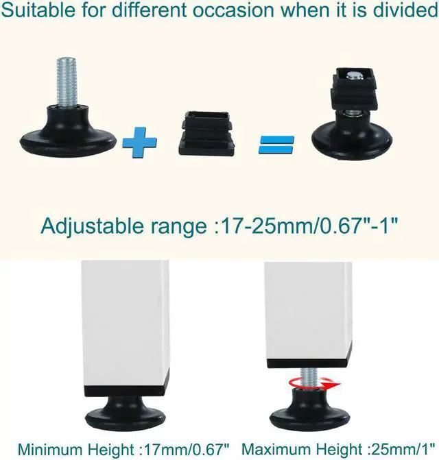 Alt view image 3 of 7 - Adjustable Feet 20 x 20mm Square Tube Inserts Furniture Glide 10 Sets Black