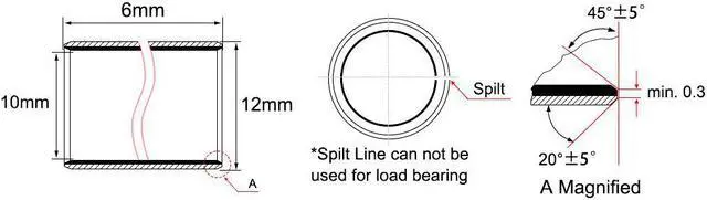 Alt view image 3 of 3 - Sleeve (Plain) Bearings, 10mm Bore x 12mm OD x 6mm Length Wrapped Oilless Bushings (Pack of 3)