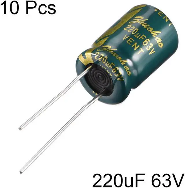 Alt view image 2 of 4 - Aluminum Radial Electrolytic Capacitor Low ESR 220uF 63V 105 Celsius 3000H Life 10x16mm High Ripple Current Low Impedance 10pcs Green