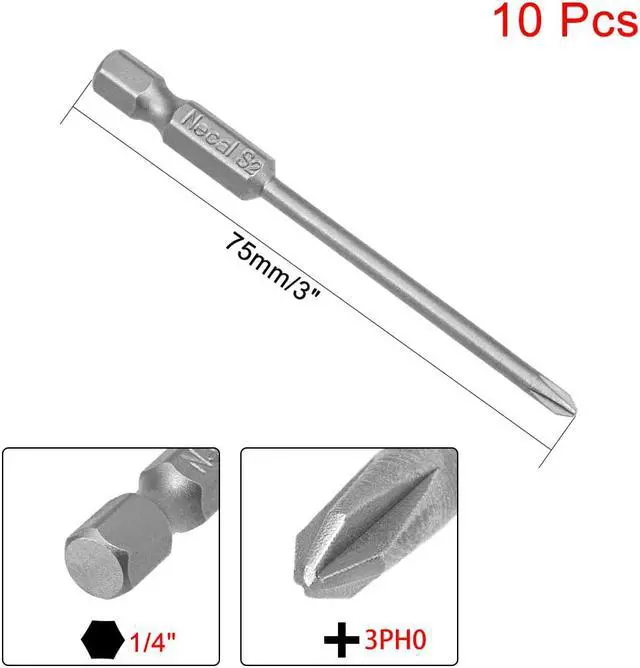 Alt view image 2 of 4 - 10Pcs 1/4-Inch Hex Shank 75mm Length Phillips 3PH0 Magnetic Screw Driver S2 Screwdriver Bits