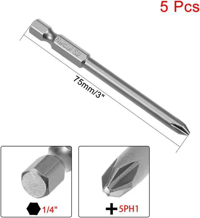 Alt view image 2 of 4 - 5Pcs 1/4-Inch Hex Shank 75mm Length Phillips 5PH1 Magnetic Screw Driver S2 Screwdriver Bits