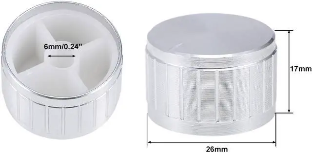 Alt view image 2 of 4 - 2Pcs 26x17mm Aluminium Alloy Potentiometer Volume Control Rotary Knob Knurled Shaft Hole Silver Tone