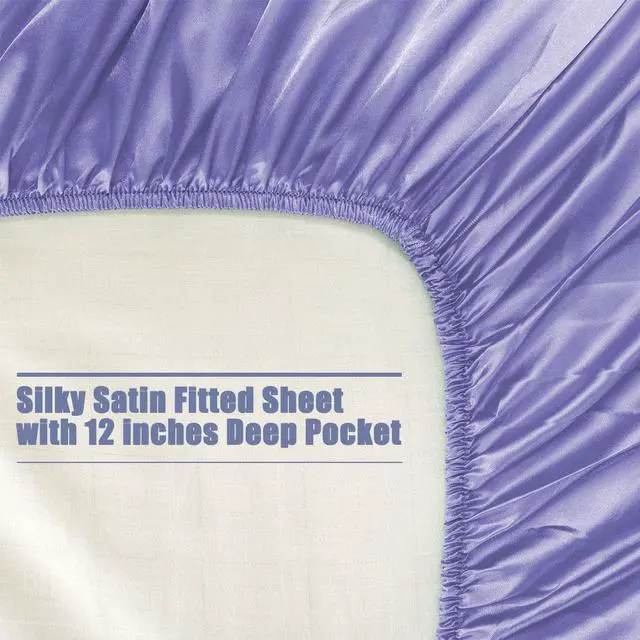 Alt view image 2 of 7 - King Fitted Sheet, Silky Satin Fitted Bed Sheet with Deep Pocket, 100% Luxury Soft Microfiber, Smooth, Cool & Breathable - (King, Purple)