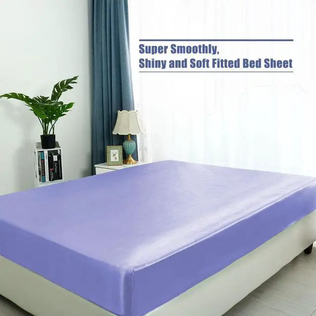 Alt view image 3 of 7 - King Fitted Sheet, Silky Satin Fitted Bed Sheet with Deep Pocket, 100% Luxury Soft Microfiber, Smooth, Cool & Breathable - (King, Purple)