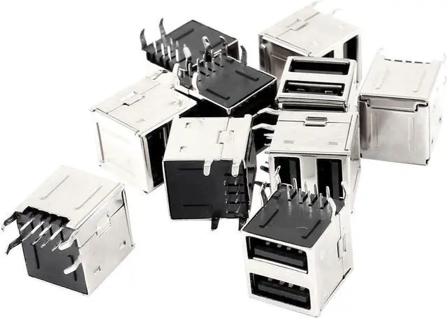 Main image of 10 Pieces Double USB 2.0 Type A Right Angle DIP 8 Pins Female Jack Connector