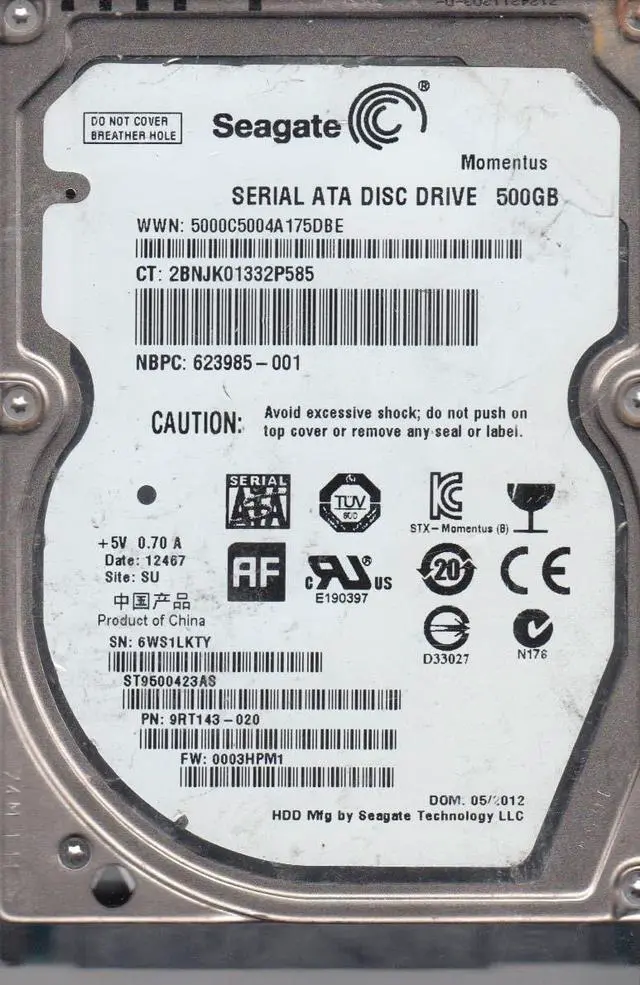 Main image of ST9500423AS, 6WS, SU, PN 9RT143-020, FW 0003HPM1, Seagate 500GB SATA 2.5 Hard Drive