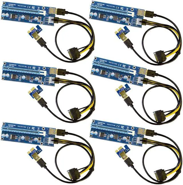 Main image of 6 pack PCIe 1x to 16x PCI Express Extender Rise Card, USB 3.0 PCI-e Extension Adapter w/ SATA to Molex 6 pin Cable.