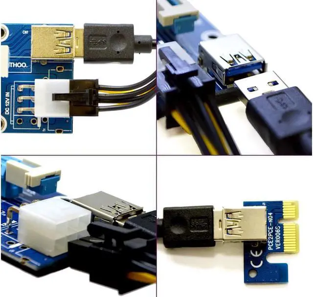 Alt view image 6 of 6 - 6 pack PCIe 1x to 16x PCI Express Extender Rise Card, USB 3.0 PCI-e Extension Adapter w/ SATA to Molex 6 pin Cable.
