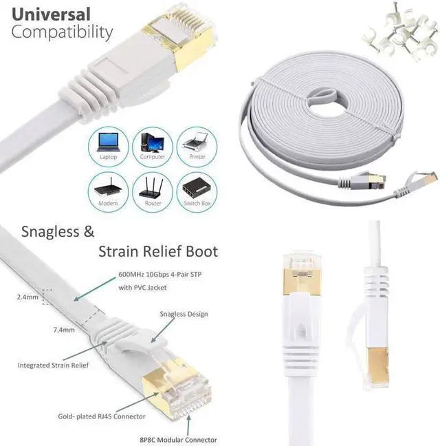 Main image of 3.3FT/6.6FT/10FT/15FT/33FT/49.2FT  CAT7 10 Gigabit 600Mhz Flat Ethernet Shielded (SSTP) Cable Modem Router RG45 LAN Network Cord