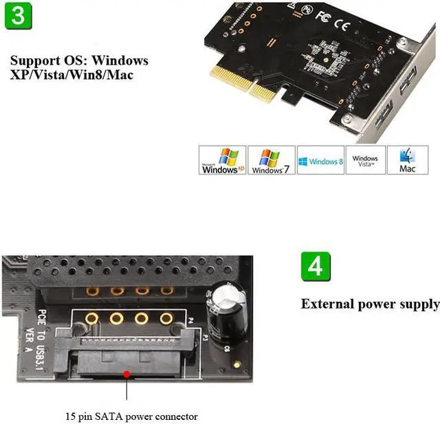Alt view image 3 of 7 - PCI-E PCI express X4 to Dual USB3.1 Type A Expansion Card with 15 Pin SATA Power 10Gbps Adapter ASM1142 Chip add on card