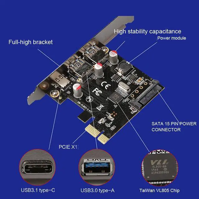 Alt view image 2 of 7 - USB 3.1 Type-C+2 usb 3.0 type-A + SATA 15PIN USB header PCI-e riser Card Desktop PCI Express 1x  USB3.1 usb3.0 Adapter
