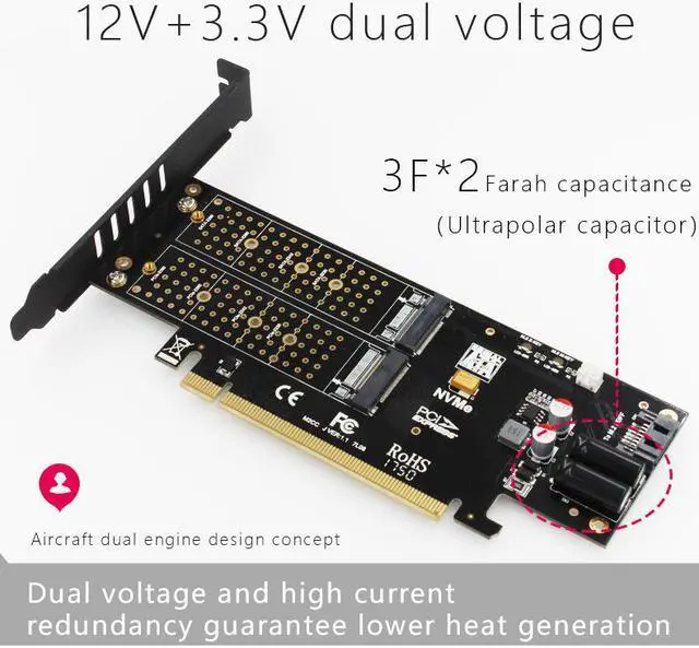 Alt view image 2 of 7 - JEYI KNIGHT Power-Fail Protection PCIE3.0 NVME Adapter x16 Full Speed M.2 add on card Heat sink wafer fan cooling SSD U.2 SSD three-disc expansion card