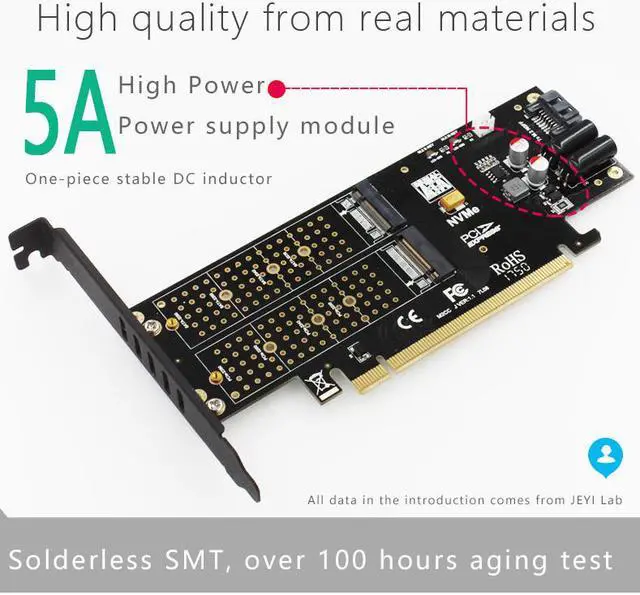 Alt view image 4 of 7 - JEYI KNIGHT Power-Fail Protection PCIE3.0 NVME Adapter x16 Full Speed M.2 add on card Heat sink wafer fan cooling SSD U.2 SSD three-disc expansion card